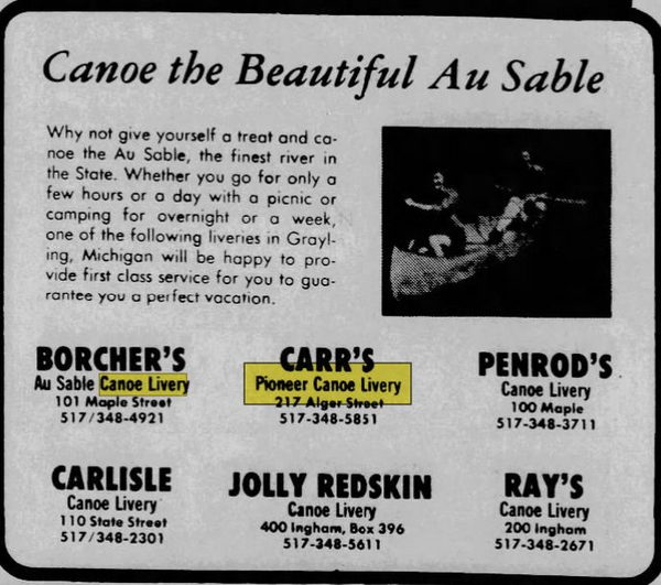 Au Sable Canoe (Carrs Pioneer Canoe Livery) - May 22 1975 Article (newer photo)